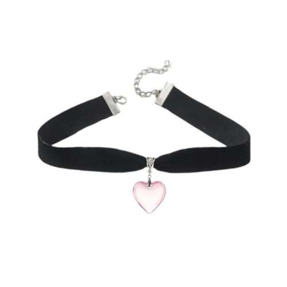 Black Velvet‎ Choker Necklace Pink Glass Heart Pendant Adjustable